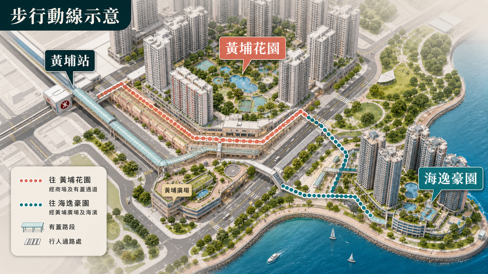黃埔站至黃埔花園及海逸豪園步行動線示意
