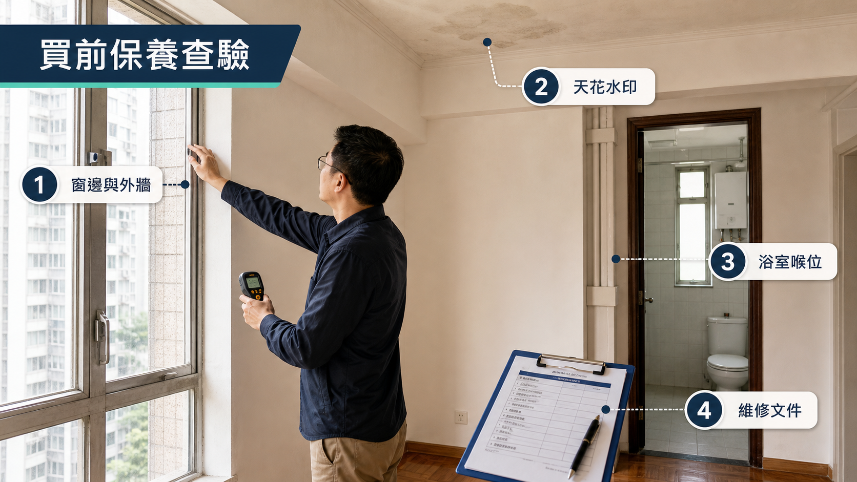二手樓單位窗邊、天花、浴室喉位與維修文件查驗